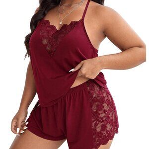 Plus Size Halter Pajama Set Lace Sleeveless Lounge Wear